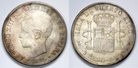 1895 PGV Puerto Rico 1 Peso - Colonial Coinage - AU | North
