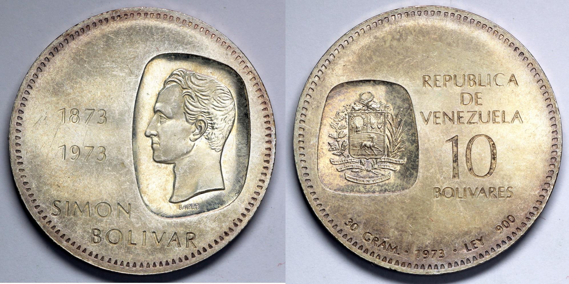 ベネズエラ 10ボリバル 1973年 銀貨 01 1973 Venezuela 10 Bolivars - 100th anniversary of Simon