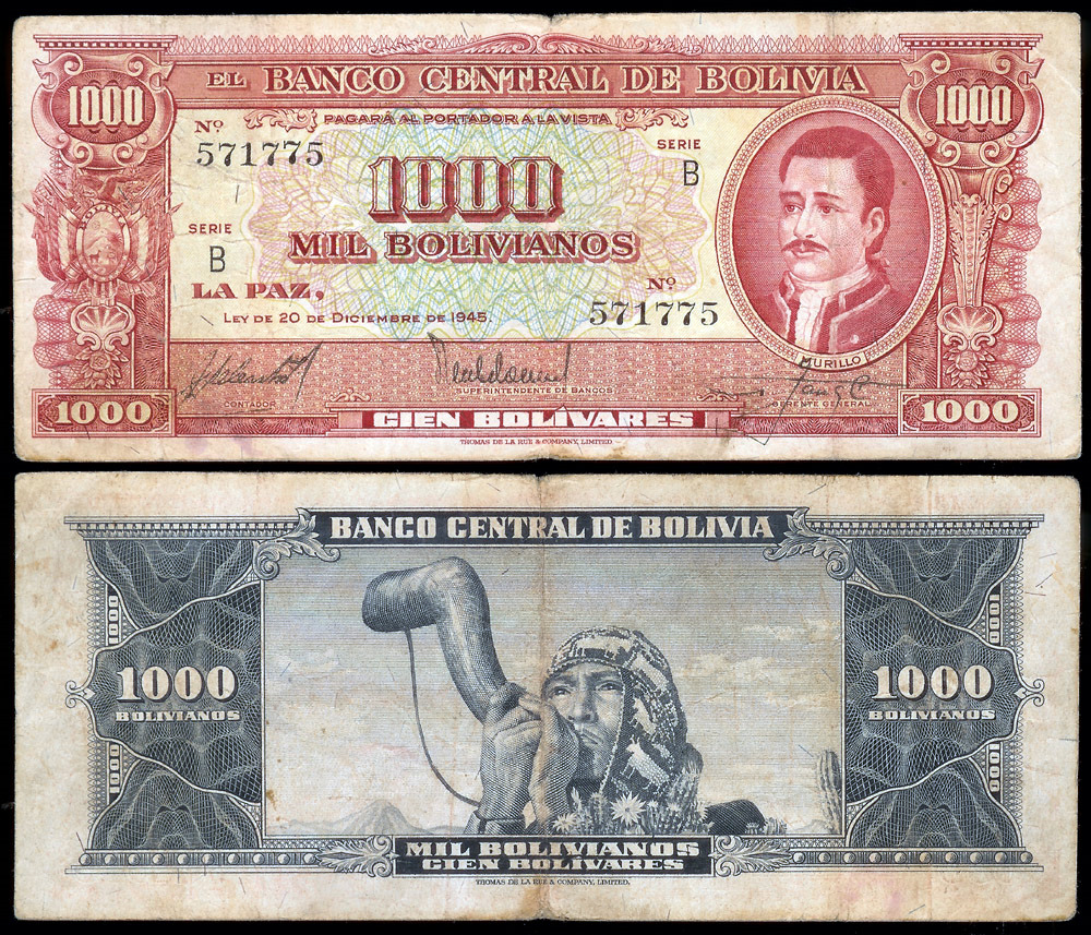 1945 Bolivia 1000 Bolivianos - Pedro Domingo Murillo - VF | South