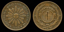 World Coins - 1869 H Uruguay 1 Centesimo AU