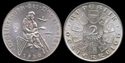 World Coins - 1930 Austria 2 Schilling Commemorative Silver Issue - 7th Centennial - Death of Vogelweide BU