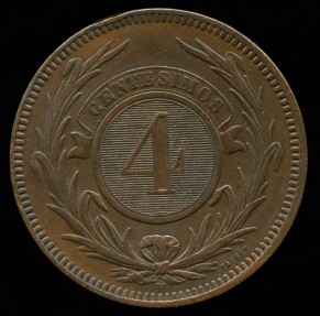 World Coins - 1869 H Uruguay 4 Centesimos AU
