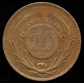 World Coins - 1857 D Uruguay 20 Centimos AU