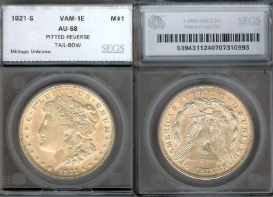 US Coins - 1921 S Morgan Dollar - VAM 1E - SEGS AU58
