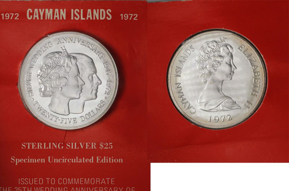 1972 Cayman Islands 25 Dollars 25th Wedding Anniversary of Queen