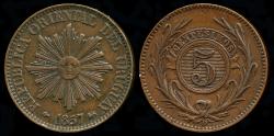 World Coins - 1857 D Uruguay 5 Centesimos AU