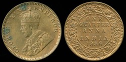 World Coins - 1936 India (British) 1/4 Anna UNC