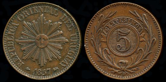 World Coins - 1857 D Uruguay 5 Centesimos AU