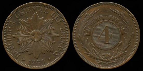 World Coins - 1869 H Uruguay 4 Centesimos AU