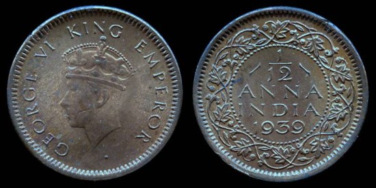 World Coins - 1939 B India (British) 1/12 Anna BU