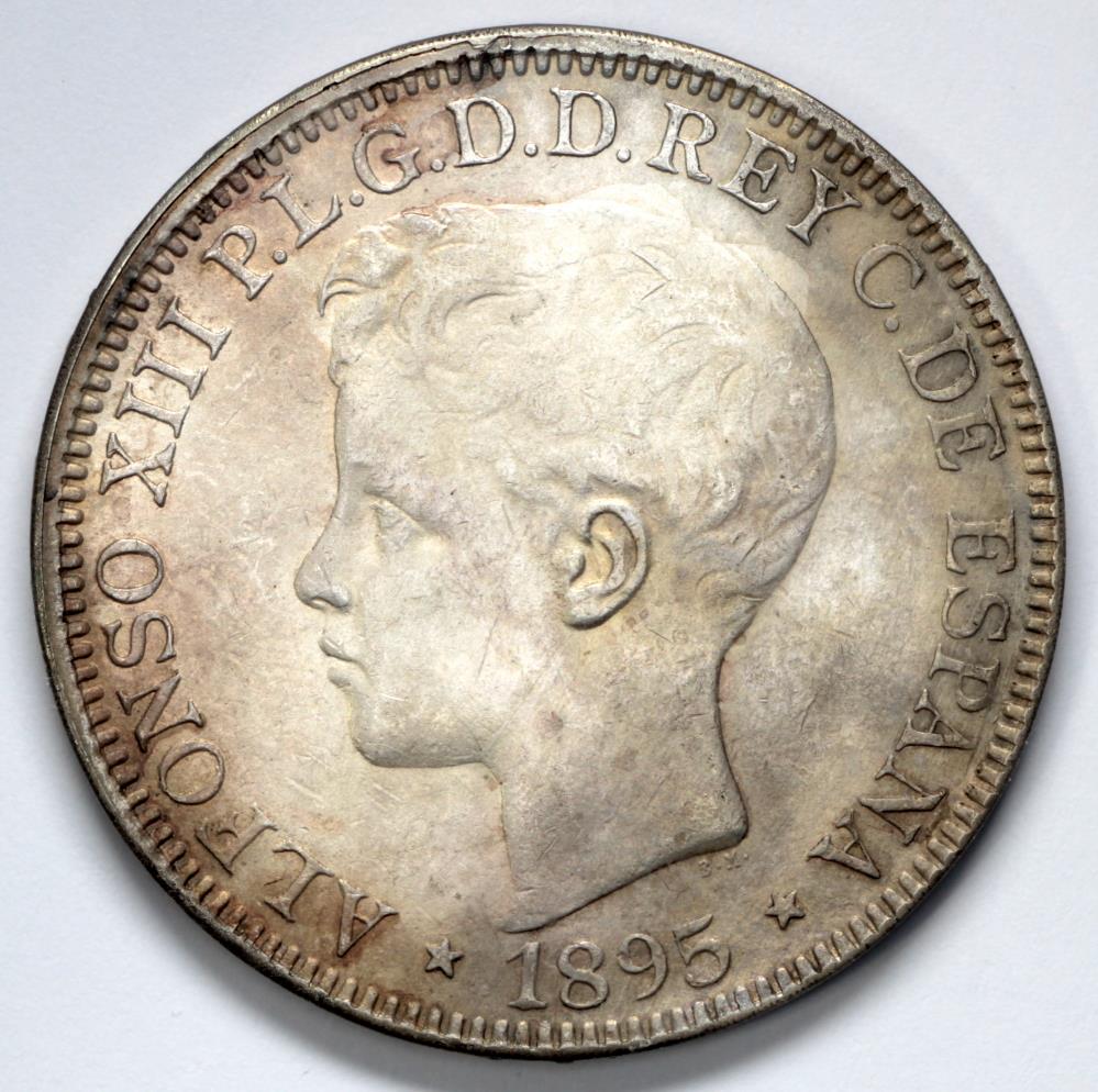1895 PGV Puerto Rico 1 Peso - Colonial Coinage - AU | North