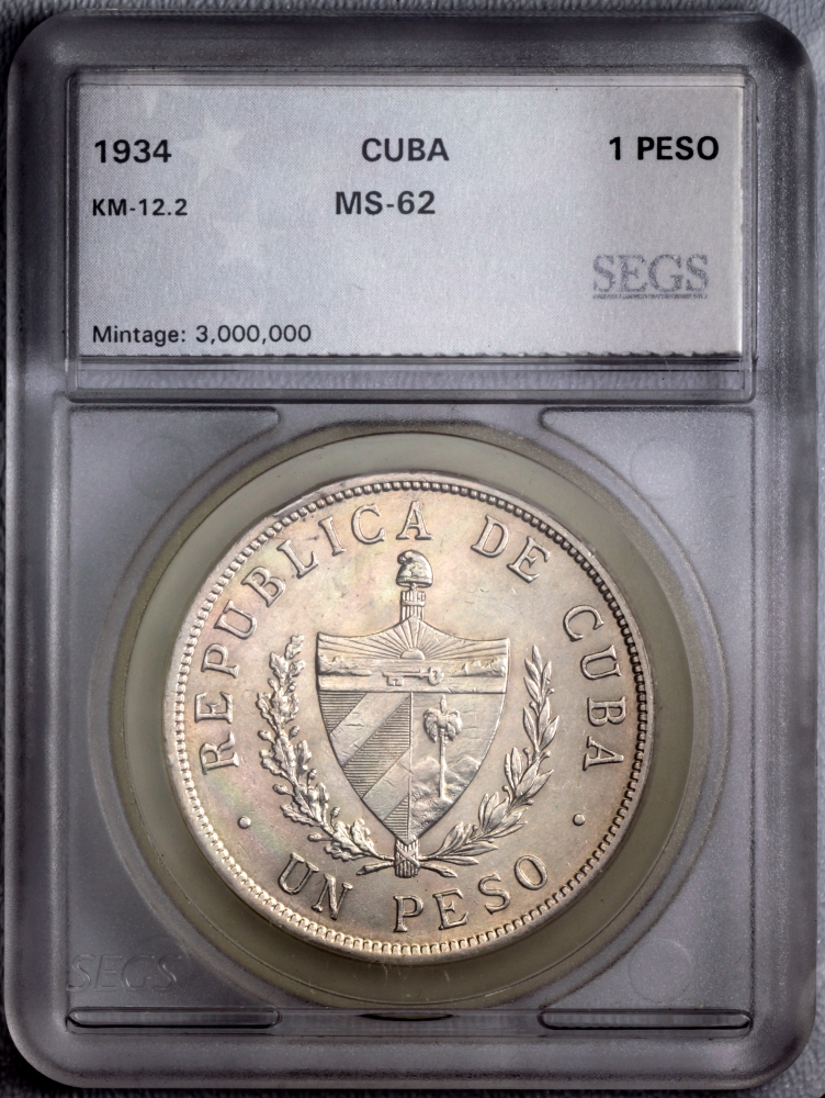 1934 Cuba 1 Peso – Low Relief Star – 1st Republic – SEGS MS-62