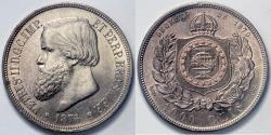 World Coins - 1876 Brazil 1000 Reis - Petrus II - UNC Silver