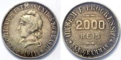 World Coins - 1911 Brazil 2000 Reis - Republic Coinage - XF Silver