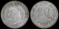 World Coins - 1897 Argentina 20 Centavos - Capped Liberty Head - Republic Coinage - XF