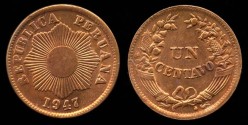World Coins - 1947 Peru 1 Centavo BU