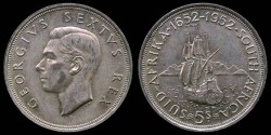 World Coins - 1952 South Africa 5 Shillings - George VI - 300th Anniversary - Founding of Cape Town - Silver Commemorative AU