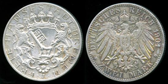 1904 J Bremen (German States) 2 Mark AU | European Coins