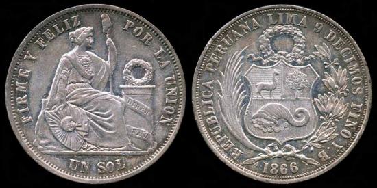 World Coins - 1866/56 YB Peru 1 Sol UNC