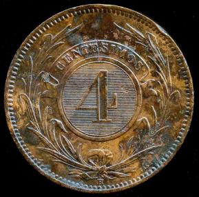 World Coins - 1869 H Uruguay 4 Centesimos AU
