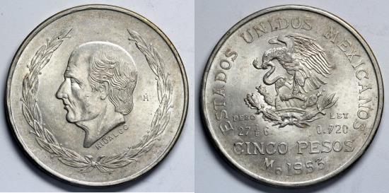 1953 Mo Mexico 5 Pesos - Miguel Hidalgo y Costilla Commemorative - BU ...