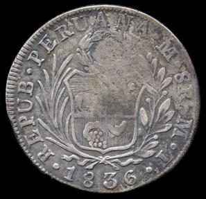 World Coins - 1836 MT Peru 8 Real VF