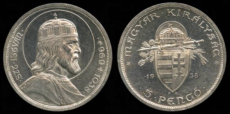1938 Hungary 5 Pengo - 900th Anniversary - Death of St. Stephan