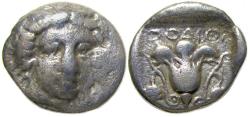 Ancient Coins - Rhodes AR Hemidrachm : Helios / Rose within Incuse.  Scarce 'Rhodos' (ca. 340 - 316 BC)