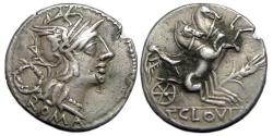Ancient Coins - T Cloulius AR Denarius : Roma / Victory in Biga of Rearing Horses