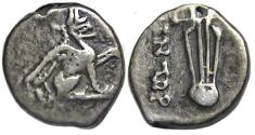 Ancient Coins - Teos Ionia AR Diobol : Seated Griffin / Lyre