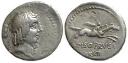Ancient Coins - C. Piso L. f. Frugi : AR Denarius : Galloping Horseman, XXXXII below
