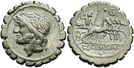 Ancient Coins - Republic, L. Scipio Asiangenus, 106 BC, AR Serrate Denarius