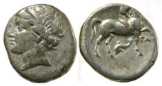 Ancient Coins - Taras Calabria AR Nomos  : Head of Satyra / Youth on Horseback
