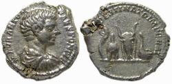 Ancient Coins - Caracalla AR Denarius : DESTINATO IMPERAT : Lituus, Apex, Bucranium and Ladle