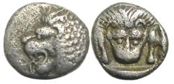 Ancient Coins - Mylasa Caria AR Hemiobol : Forepart of Lion / Facing Lion Scalp