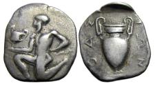Ancient Coins - Thasos, Islands off Thrace : AR Trihemiobol : Satyr / Amphora