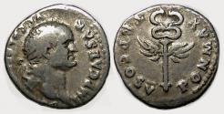 Ancient Coins - Vespasian AR Denarius : PON MAX TR P COS V : Winged Caduceus