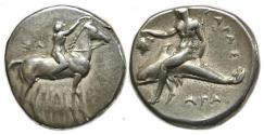 Ancient Coins - Tarentum Calabria : AR Didrachm : Youth on Horse / Taras Astride Dolphin