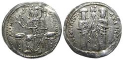 Ancient Coins - Andronicus II / Michael IX AR Basilikon : Christ Enthroned / Emperors Standing Facing