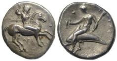 Ancient Coins - Tarentum Calabria AR Nomos : Youth on horseback / Taras on Dolphin