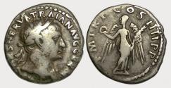 Ancient Coins - Trajan AR Denarius : Victory Holding Wreath and Palm