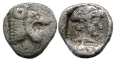 Ancient Coins - Knidos Caria AR Trihemiobol : Head of Lion / Head of Aphrodite