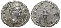 Ancient Coins - Geta AR Denarius : PONTIF COS : Minerva with Shield and Spear