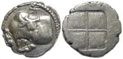 Ancient Coins - Akanthos Macedon AR Tetrobol : Forepart of Bull / Quadripartite Incuse Square