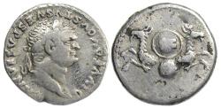 Ancient Coins - Divus Vespasian AR Denarius : Back-to-Back Capricorns Supporting Shield