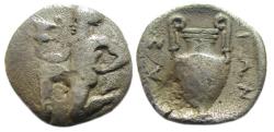 Ancient Coins - Thasos AR Trihemiobol : Satyr with Kantharos / Amphora