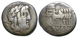 Ancient Coins - L. Rubrius Dossenus AR Denarius : Heaf of Jupiter / Triumphal Quadriga