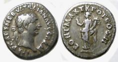 Ancient Coins - Trajan AR Denarius : Pax Holding Olive Branch and Cornucopia