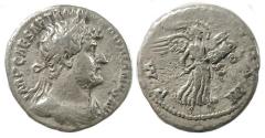 Ancient Coins - Hadrian AR Denarius : P M TR P COS III : Victory Carrying Trophy