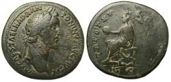 Ancient Coins - Antoninus Pius Ae Sestertius : Seated Emperor Crowned by Victory